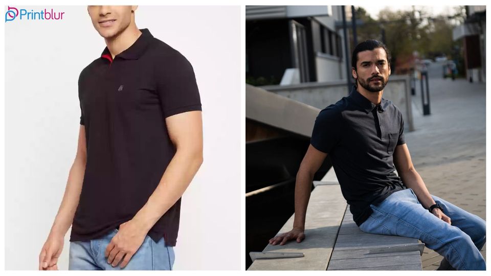 Men wearing black polo t-shirt with blue jeans