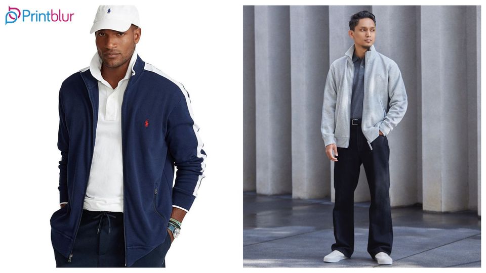 Mens wearing polo shirt with track jacket