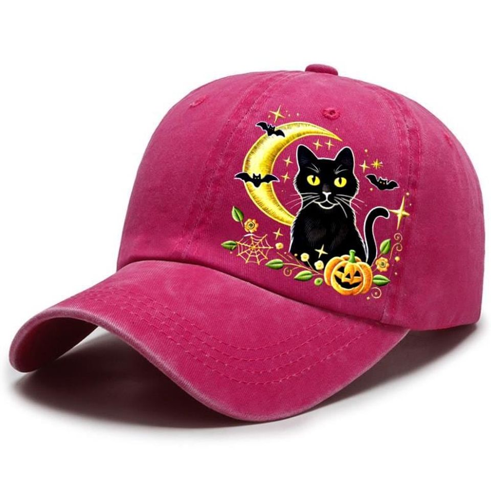 Embroidered Black Cat- Moon Cap, Witchy Halloween Cat Hat, Crescent Moon