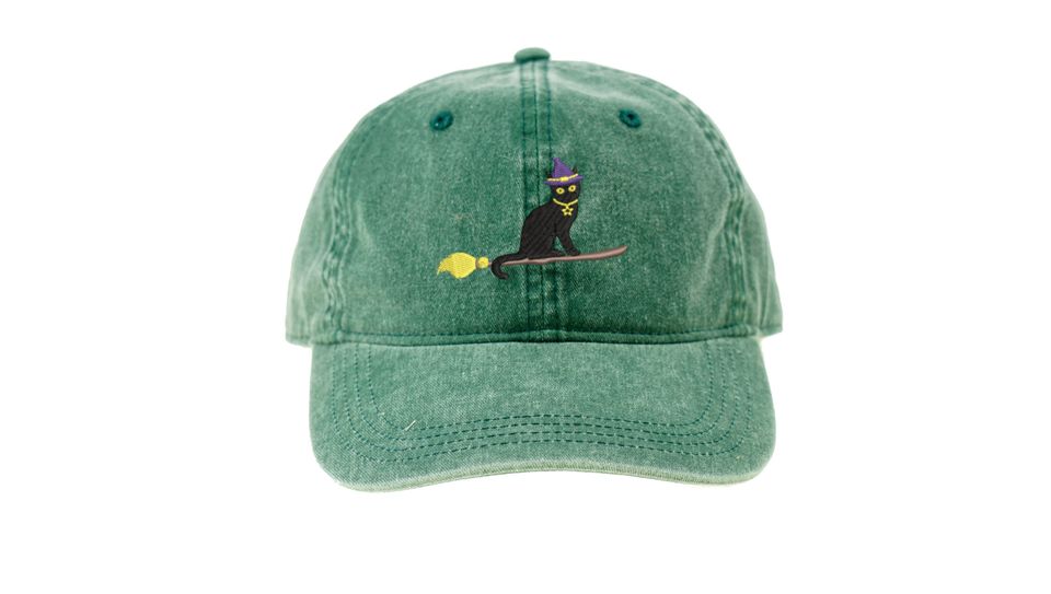 Witch Cat Hat, Embroidered Halloween Hat, Adjustable Cotton Twill
