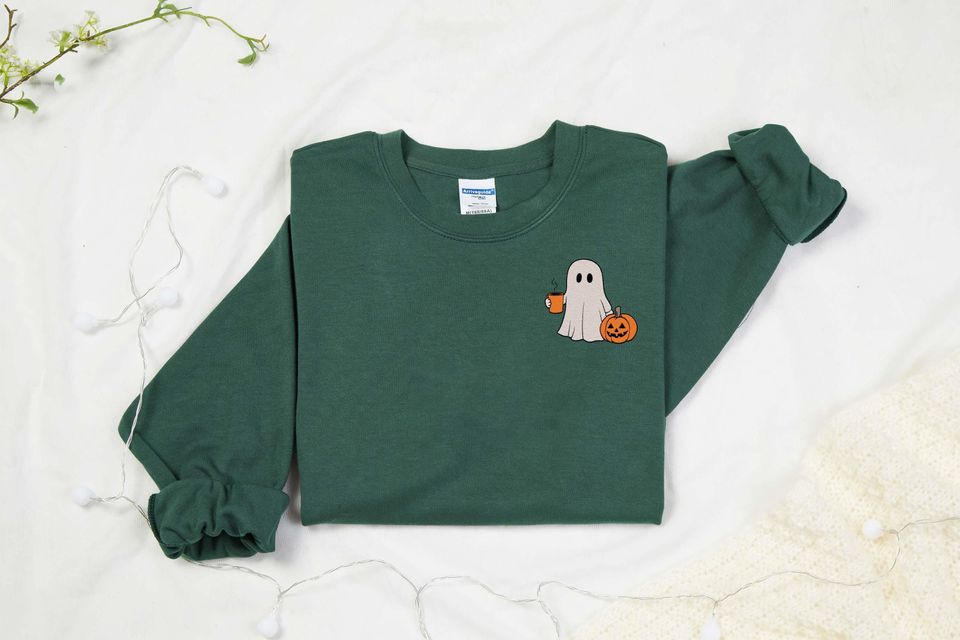 Embroidered Ghost Sweatshirt, Autumn Sweatshirt, Halloween Sweatshirt