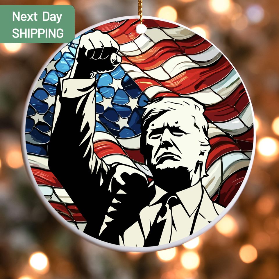 Trump with Raised Fist Stained Christmas Ornament, American Pride Keepsake, American Gift Ornament