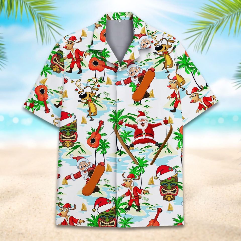 Christmas Santa Skating with Reindeer Hawaiian Shirt, Christmas Hawaiian Shirt