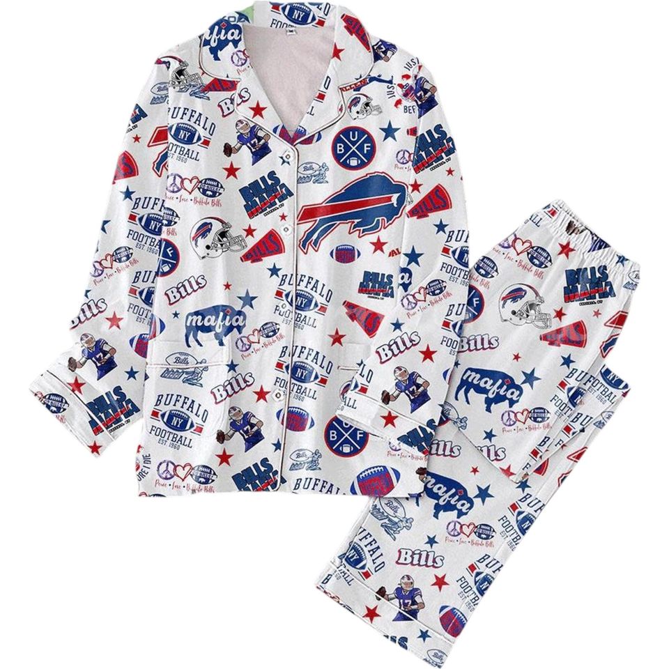 Buffalo Bills Peace Love Bills Mafia Pajama Set, Buffalo Bills Football Pajama