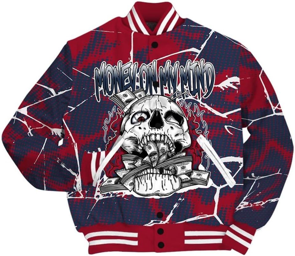 Dunkare Navy Blue 2024 6s Varsity Jacket, Streetwear Varsity Jacket, MOMM Skeleton Crack Varsity Jacket Unisex