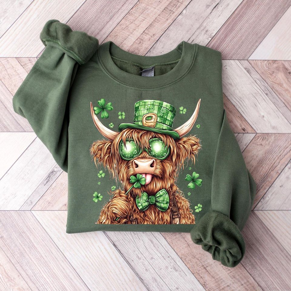 Discover Highland Cow St Patrick's Day Sweater, Retro St Patricks Day Sweatshirt, Western St Patricks Sweater, Irish Cow Shirt