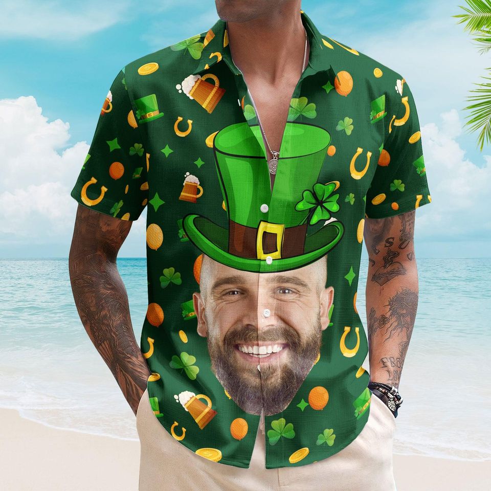 Discover Custom Face Funny Happy St Patrick's Day, Custom Photo Hawaiian Shirts, Perfect Gift For Beer Lover, Funny Face Shamrock Shirt, Gift for Him