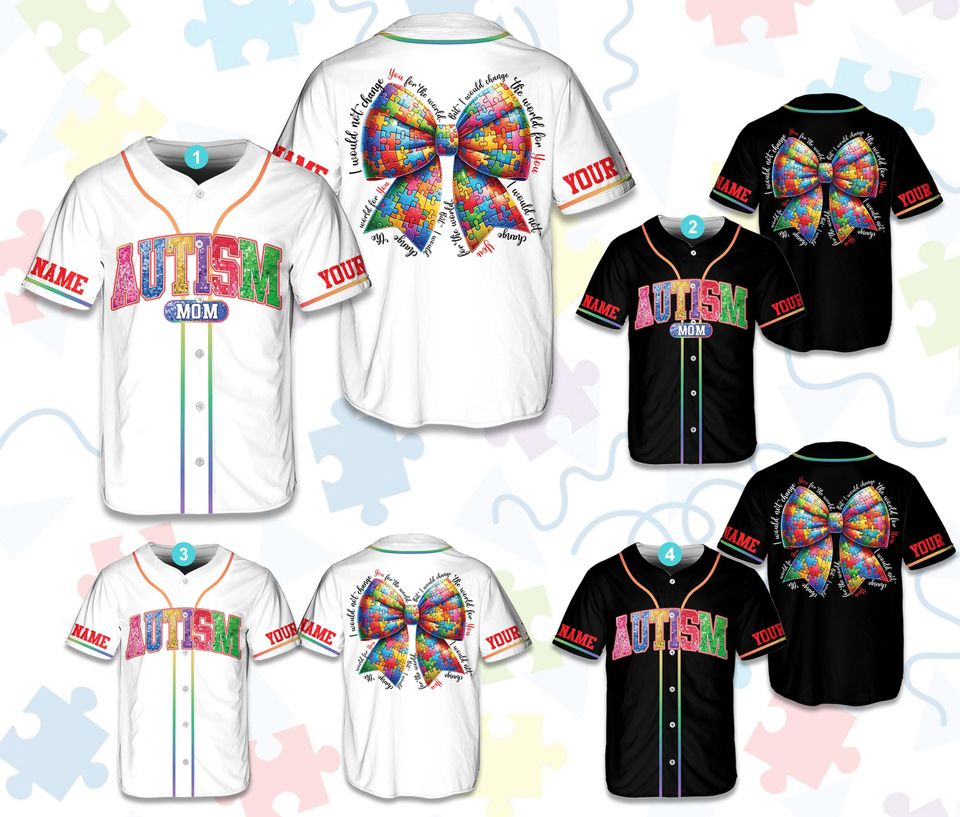 Personalized Coquette Autism Awareness Baseball Jersey, Custom Name Number, Autism Support Squad Baseball Jersey, Autism Mom, Puzzle Bow
