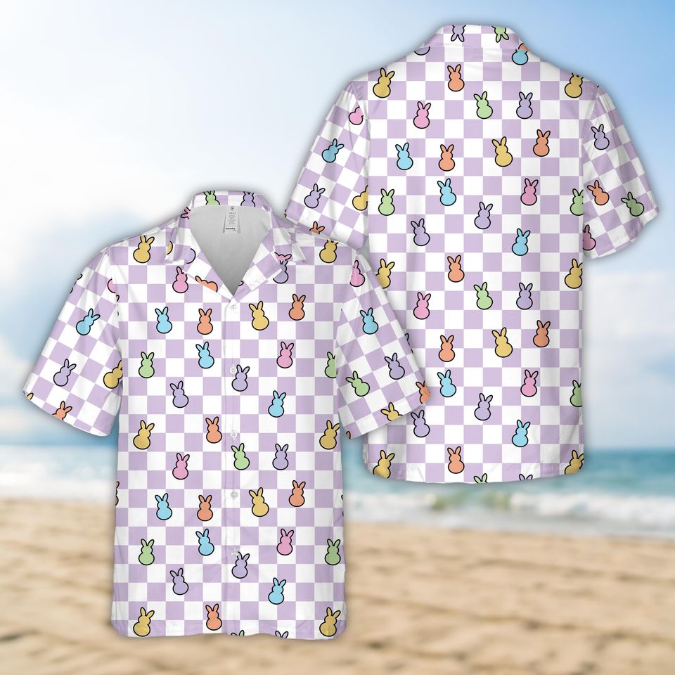 Happy Easter Bunny Checkered Hawaiian Shirt For Men Women, Rabbit Easter Button Up Shirt, Pastel Easter Shirt, Family Easter Matching Shirt