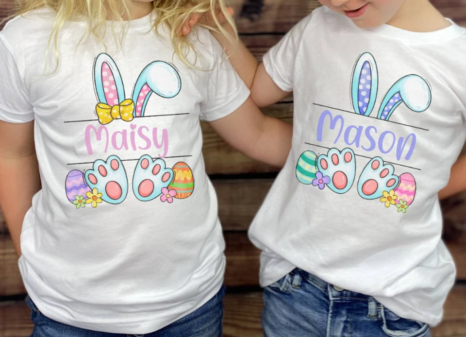 kids wearing white easter t-shirts