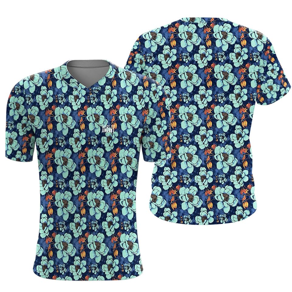 Hurley Shirt Mens L Blue Green Floral Short Slv T Hawaiian Tropical Beach Logo