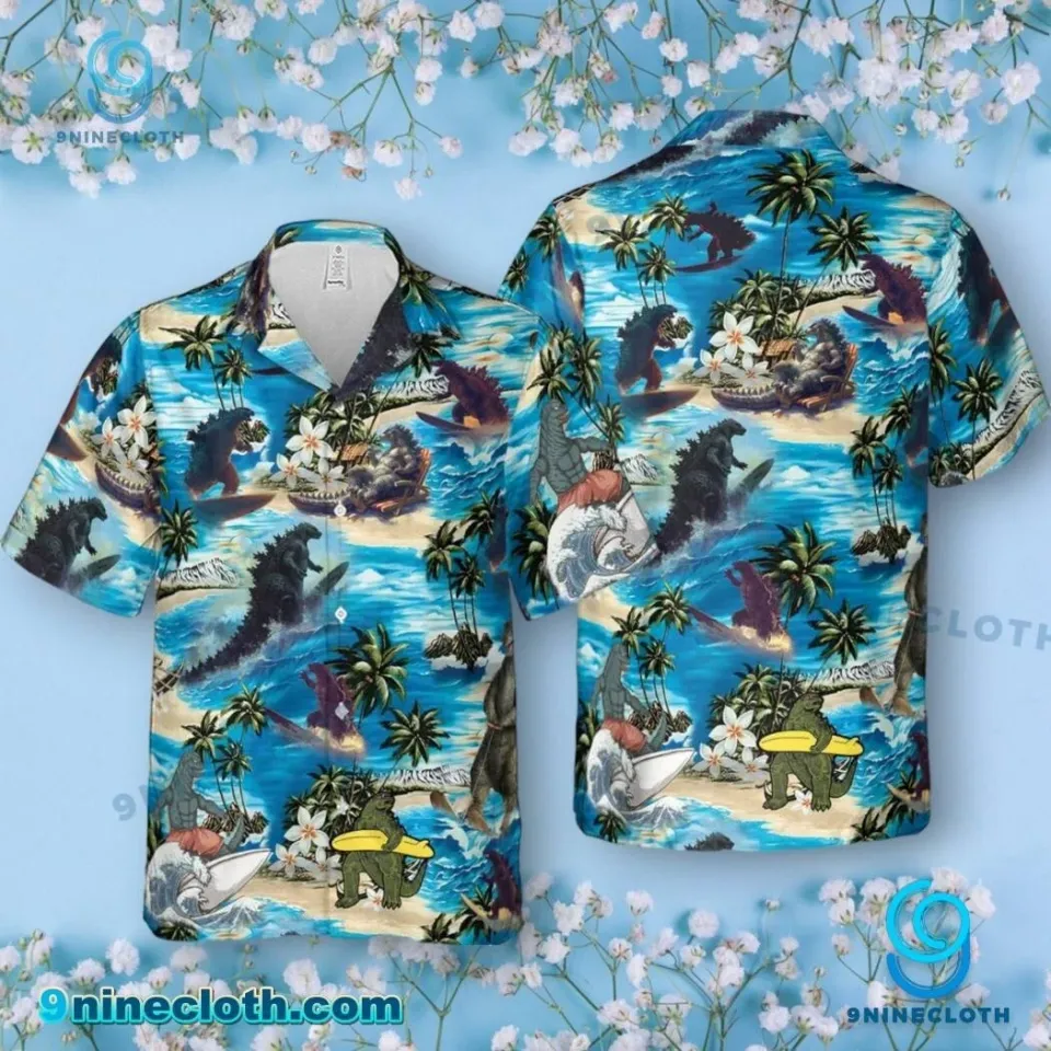 god zilla Surfing Hawaiian Button Down Shirt