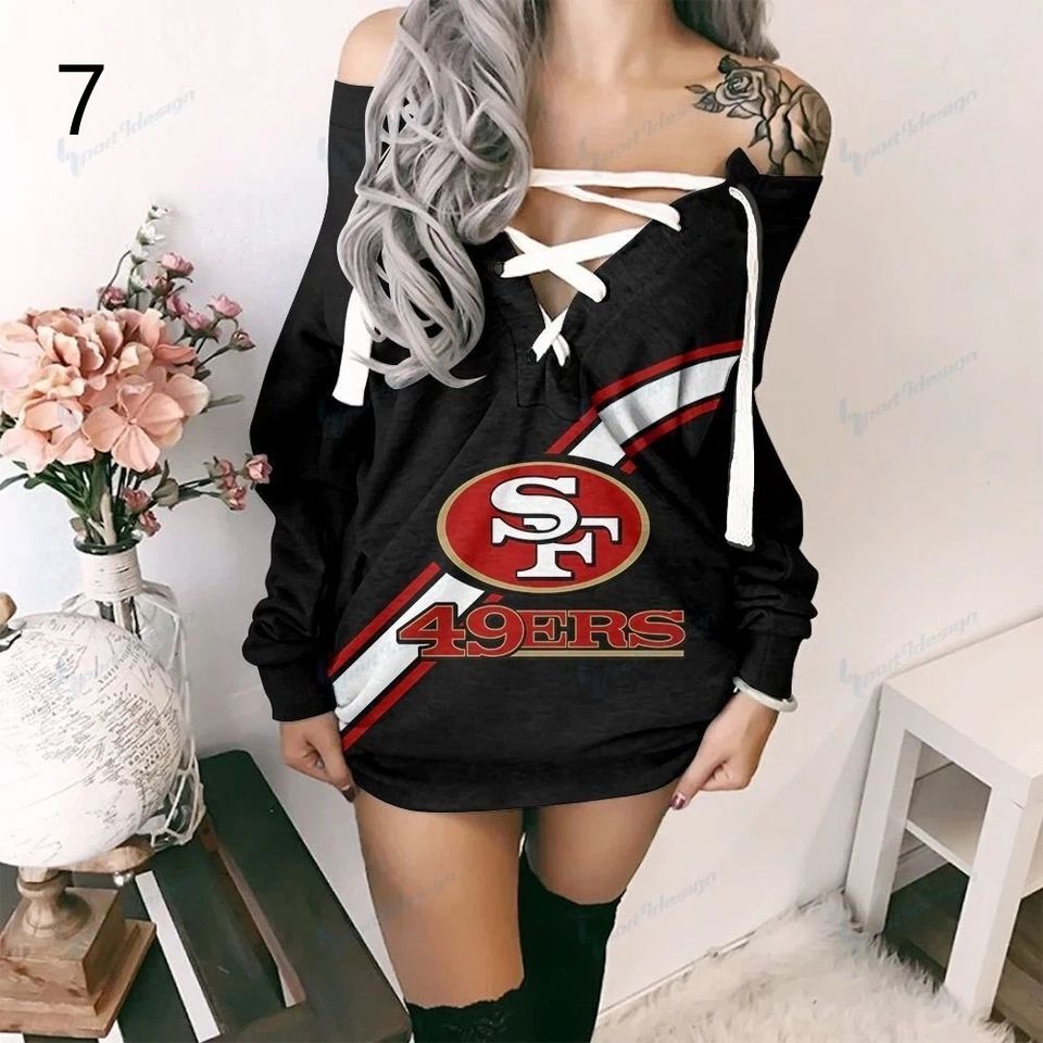 San Francisco 49ers Lace up V-Neck Sweatshirt Long Sleeve Off Shoulder Dress