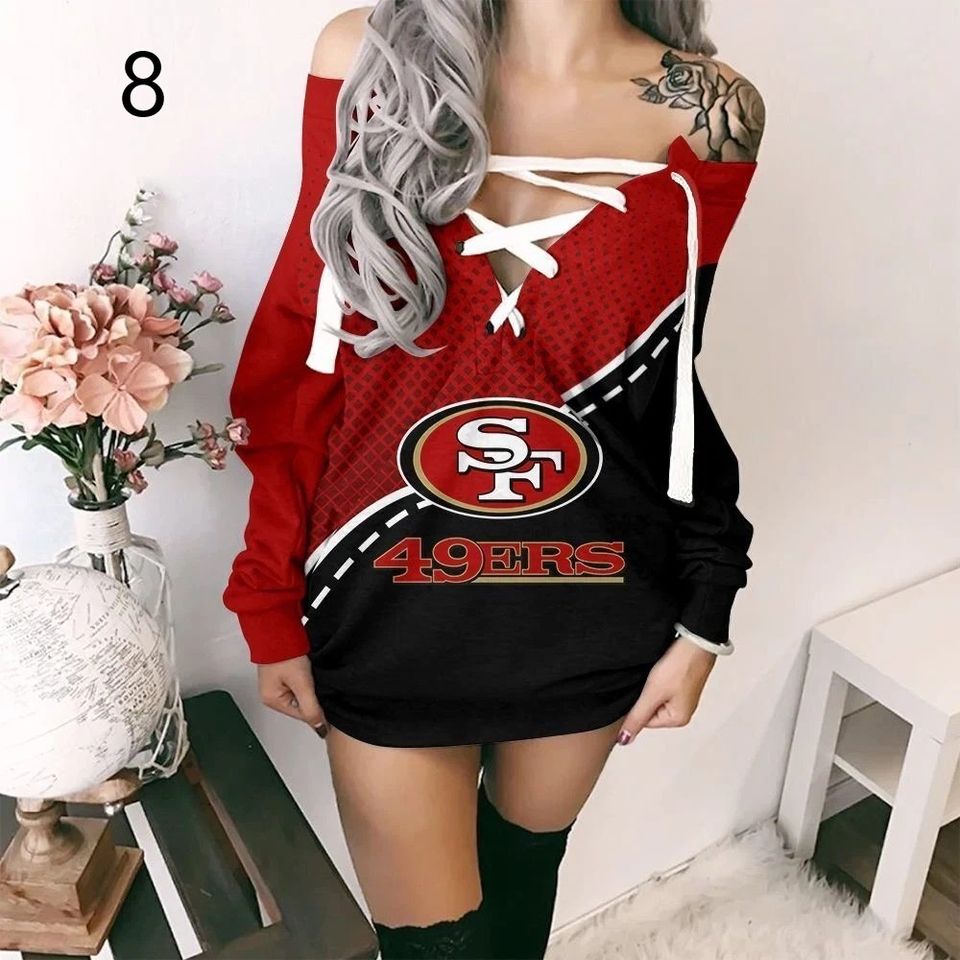 San Francisco 49ers Lace up V-Neck Sweatshirt Long Sleeve Off Shoulder Dress