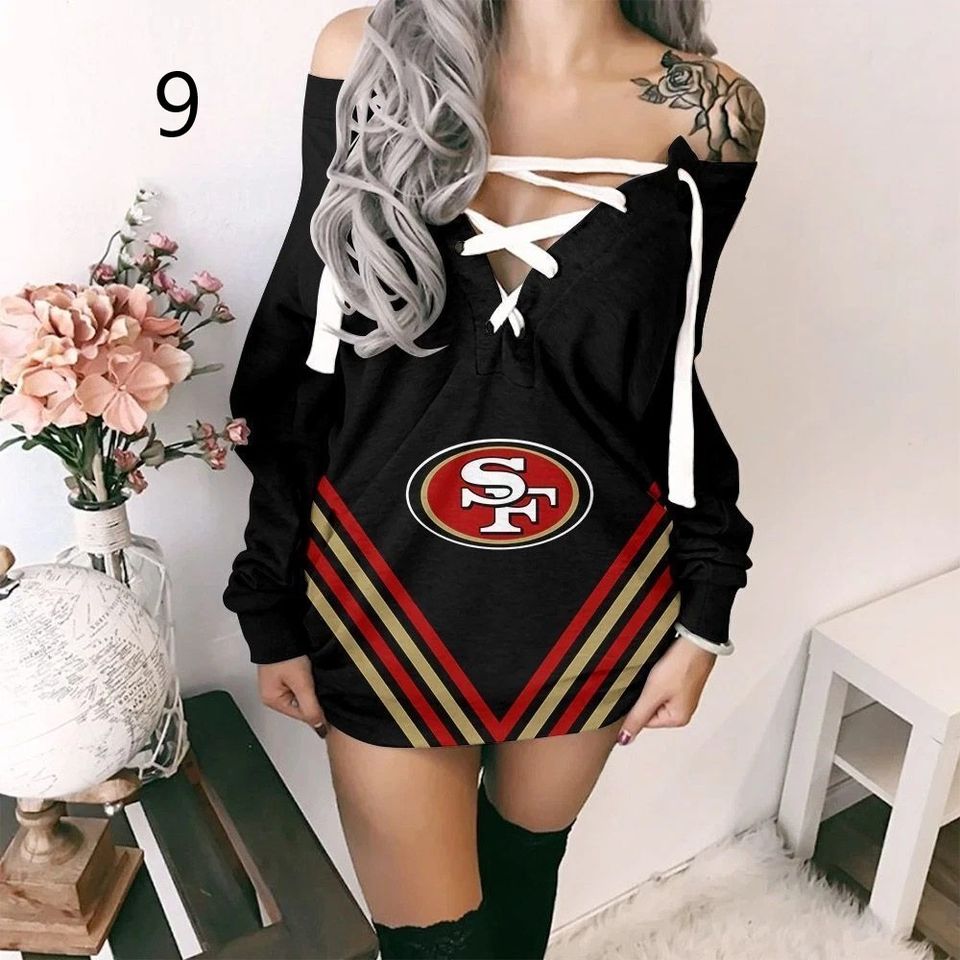 San Francisco 49ers Lace up V-Neck Sweatshirt Long Sleeve Off Shoulder Dress