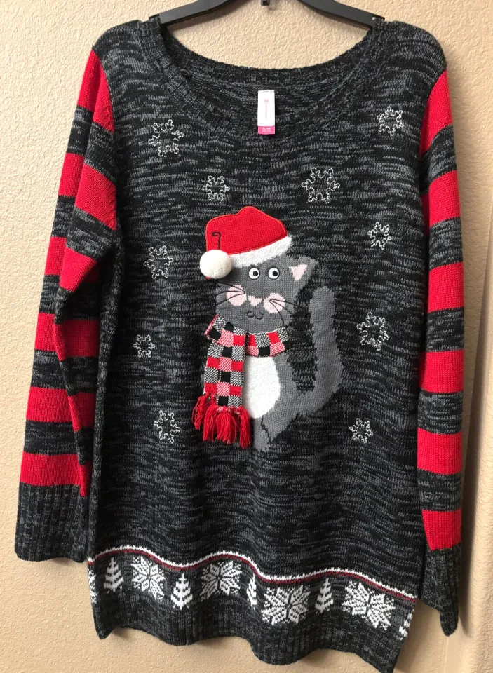 Women’s No Boundaries – Grey Cat Ugly Christmas Sweater