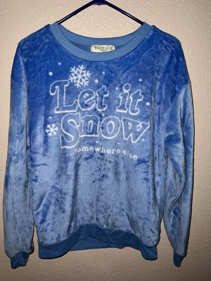 ugly christmas sweater womens medium Blue funny character “let It Snow Somewhere Else”