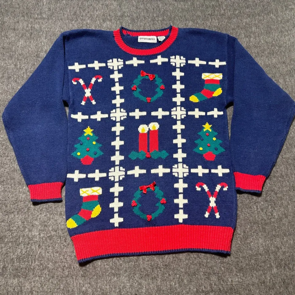 Christmas Sweater Ugly Medium Holiday Blue Tree Candy Cane Wreath Grandma