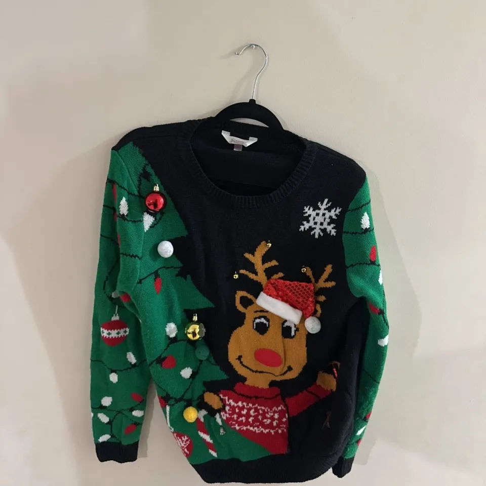 No Boundaries Ugly Christmas Sweater - Rudolph & 3D Ornaments, Size 2XL
