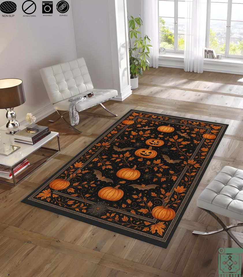 Halloween Pumpkin Rug | Black and Orange Scary Decor | Living Room Halloween Pattern Rug