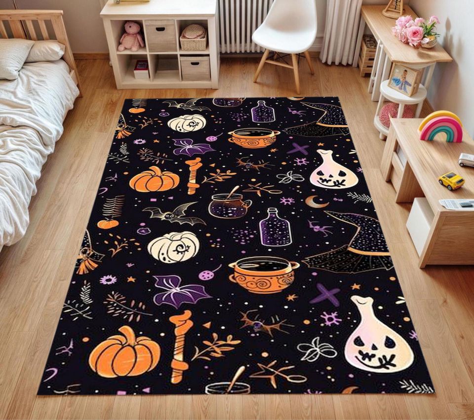 Halloween Witch & Pumpkin Rug, Washable Non-Slip Playroom Rug