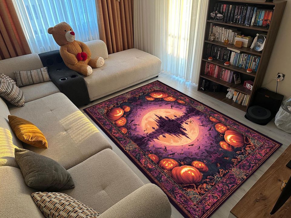 Gothic Halloween Castle Rug with Moon and Pumpkin Border for Fall Decor