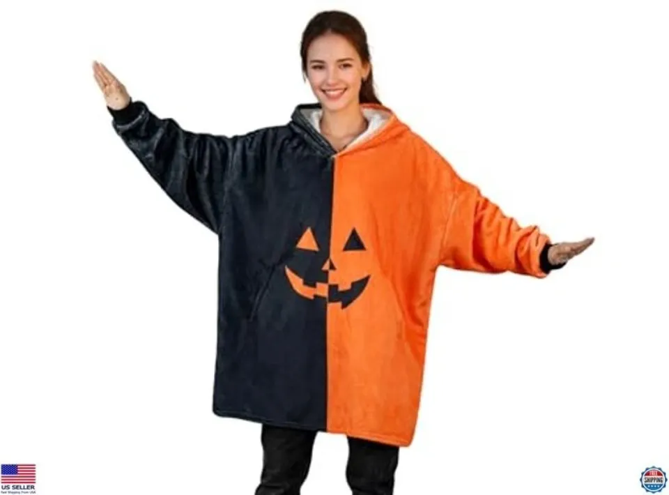 Oversized Flannel Wearable Blanket Hoodie - Spooky Pumpkin Halloween Gift
