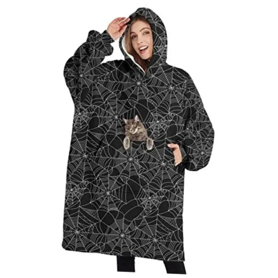 Wearable Oversized Blanket,Sherpa Blanket Hoodie One Size Halloween Spider Web
