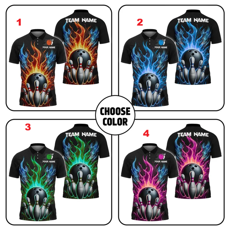 Personalized Flaming Bowling Polo, Multicolor Fireball Design