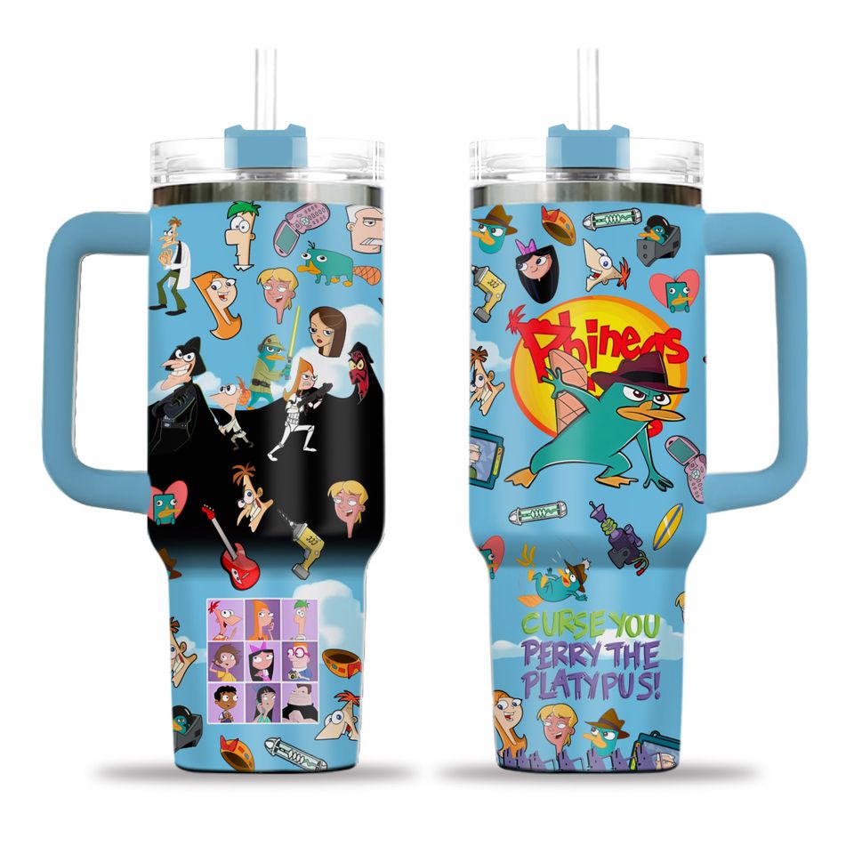 Phineas and Ferb Tumbler 40oz, Perry the Platypus Cartoon Mug, 40oz Cup With Handle Custom Gift