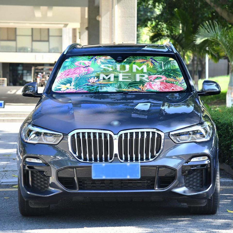Flamingo Flowers Leaves Car Windshield Sun Shade Foldable