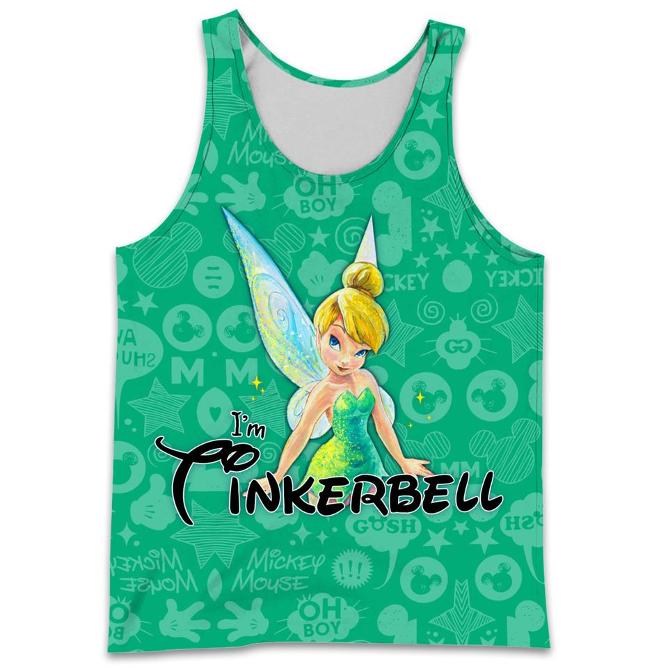 Green Tinker Bell White Small Patterns Disney Cartoon 3D Tank Top