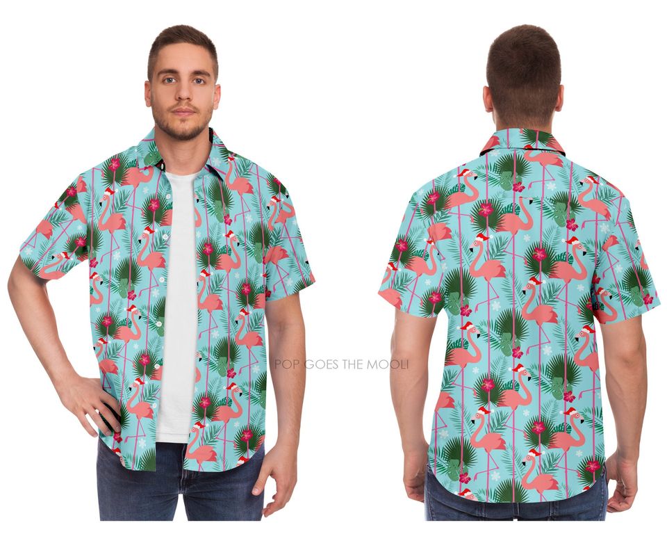 Christmas Flamingo Novelty Button Up Down Hawaiian Shirt -