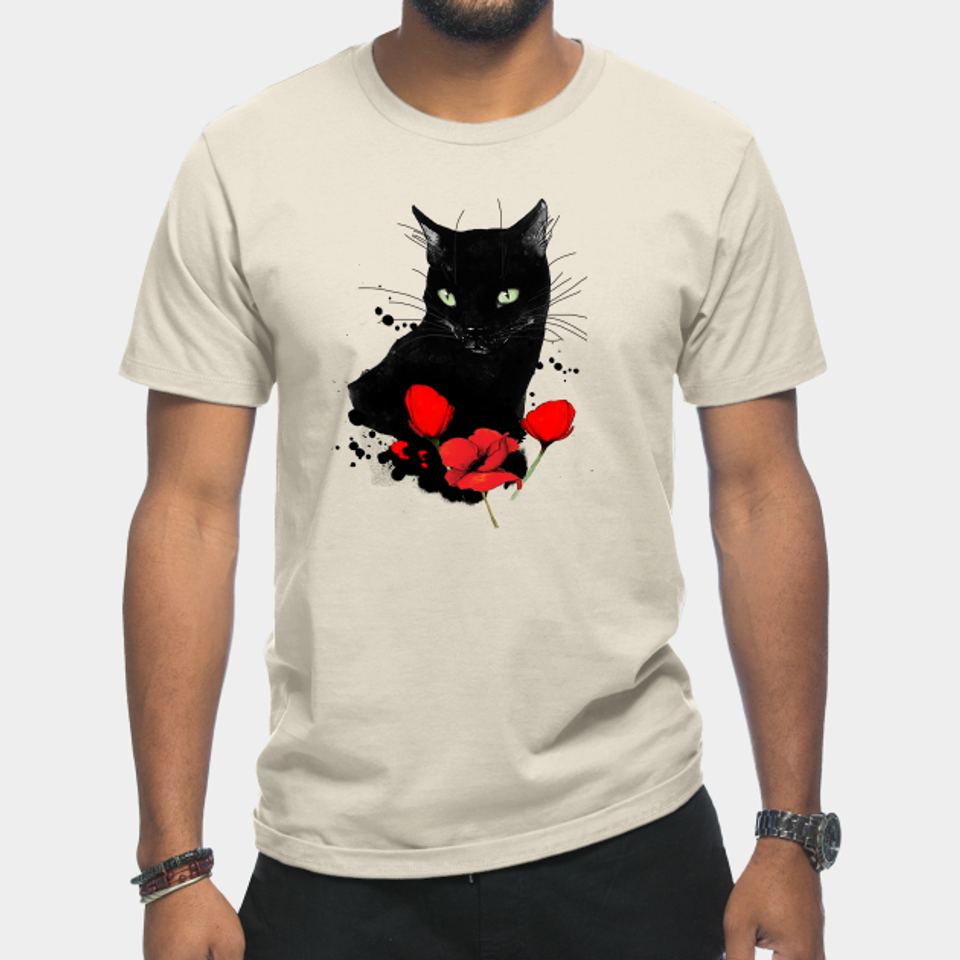 Black Cat and Red Poppies - Catshirt - T-Shirt