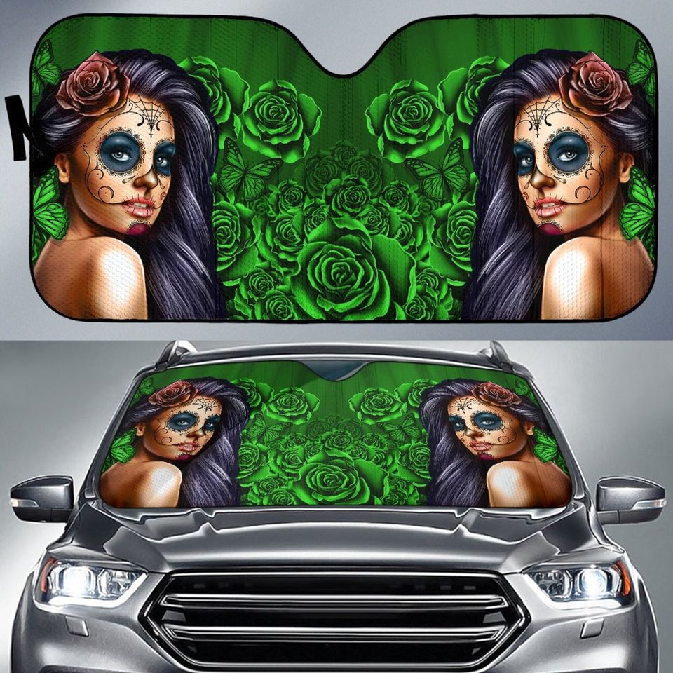 Calavera Girl Red Auto Sun Shade, Green Car Sun Shade