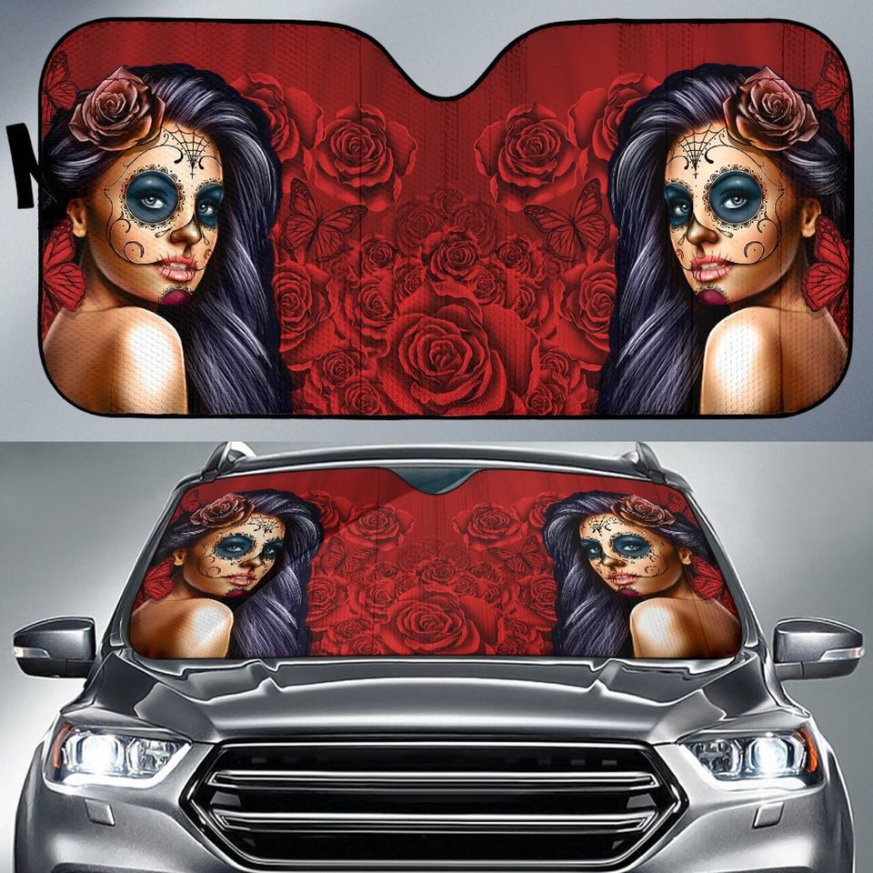 Calavera Girl Red Auto Sun Shade, Green Car Sun Shade