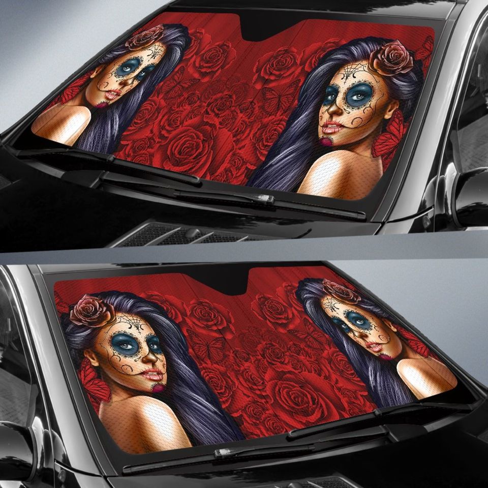 Calavera Girl Red Auto Sun Shade, Green Car Sun Shade
