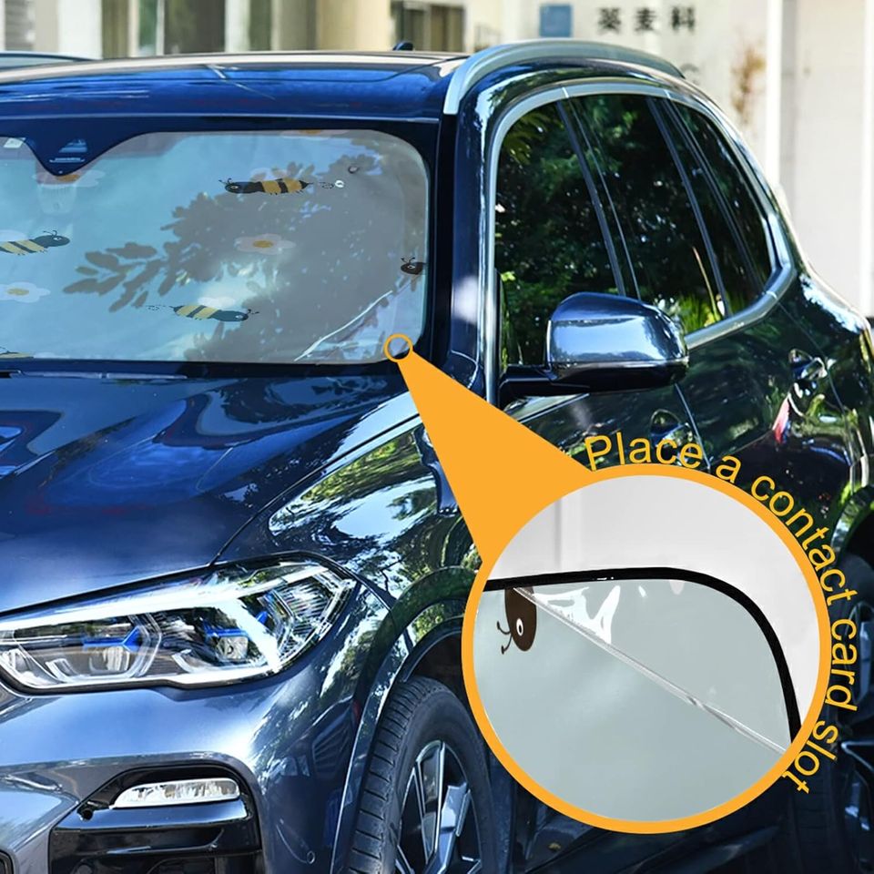 xigua Windshield Sunshade for Front Window, Cute Flower Bee Folding Car Sun Shield Shade