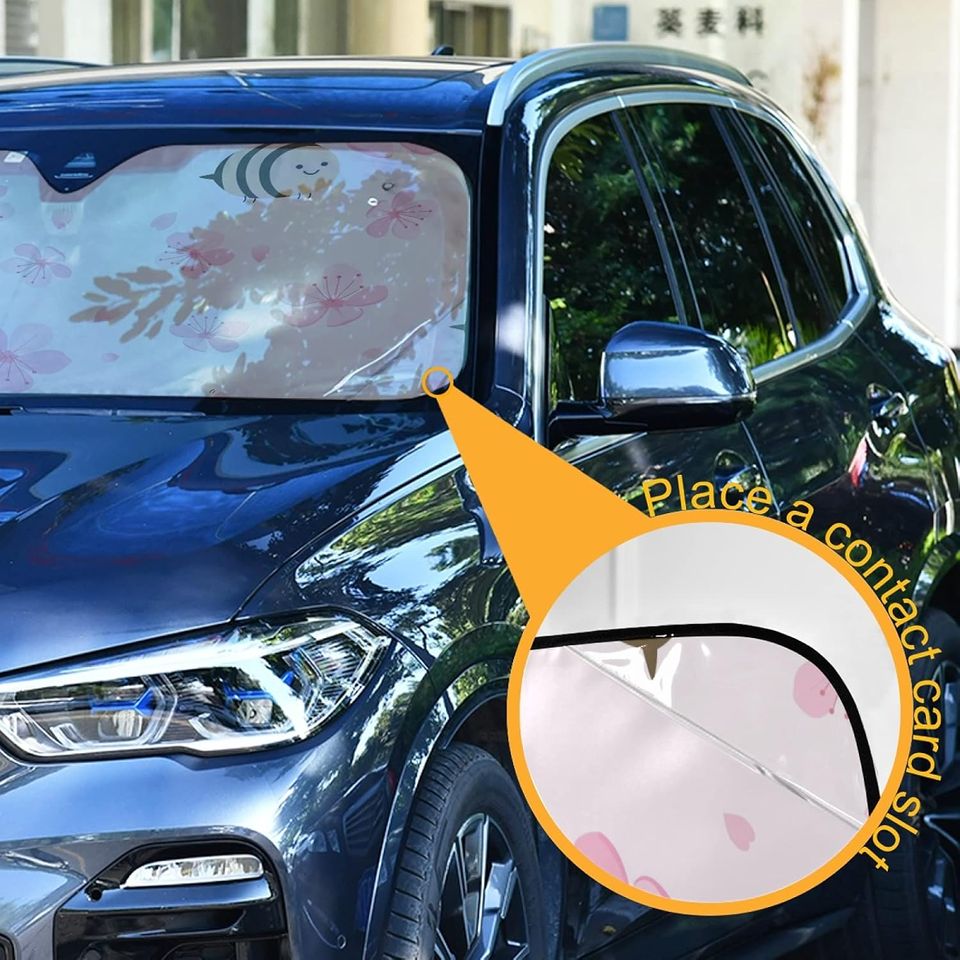 xigua Pink Cherry Blossom And Cute Bee Car Windshield Sun Shade Foldable Sunshades