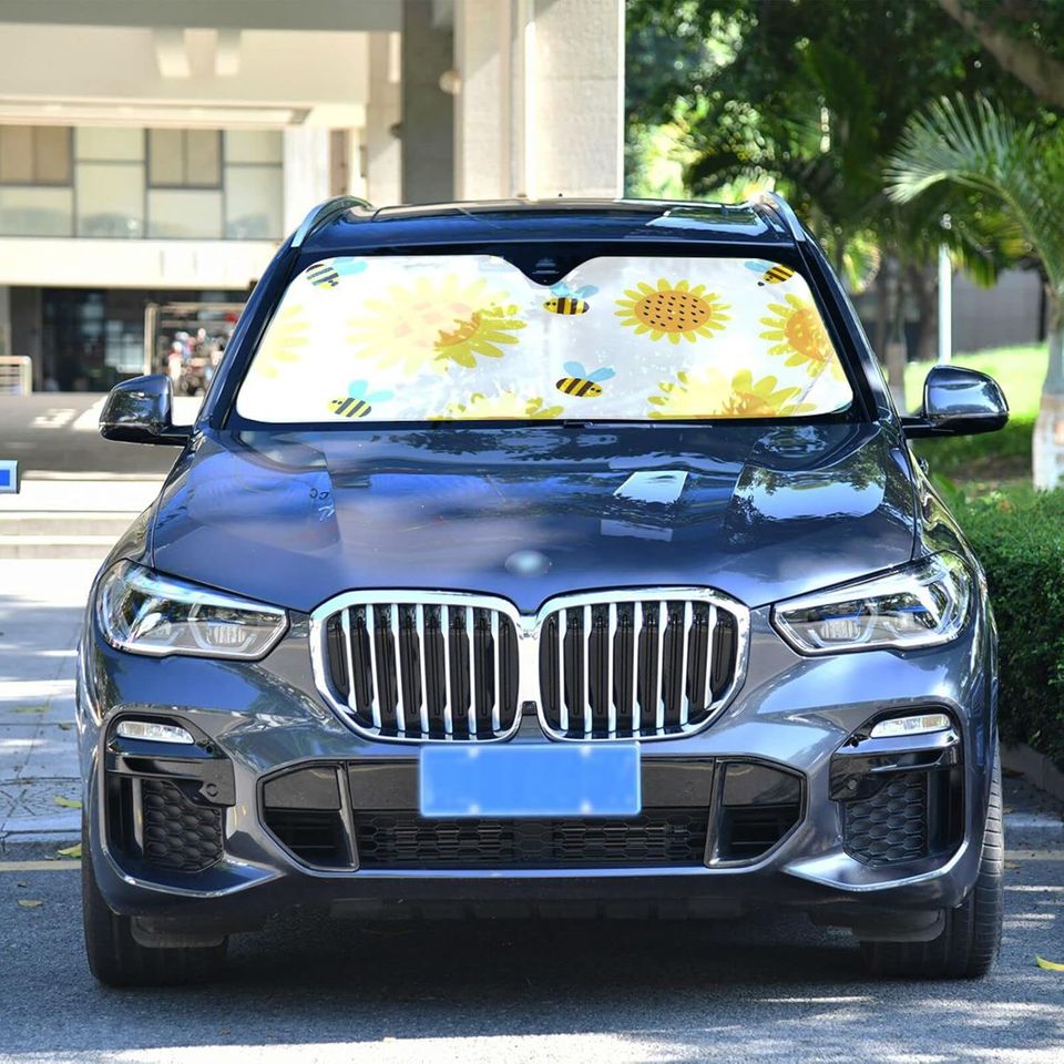 susiyo Windshield Sun Shade Cute Flying Cartoon Bees Sunflowers Foldable Car