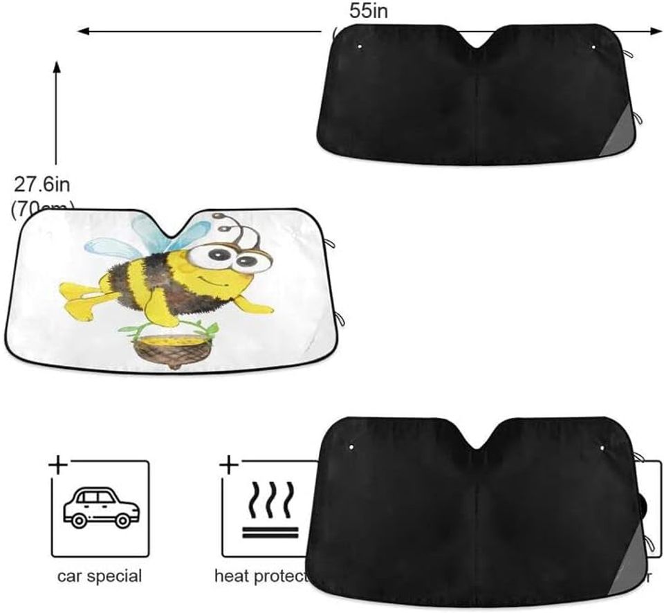 Honey Bee Cute Car Windshield Sun Shade Foldable Watercolor Auto Front Window Sunshade