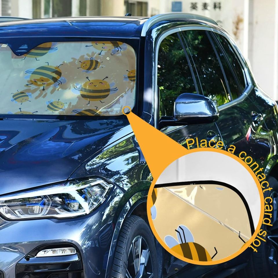 Cute Bee Car Windshield Sun Shade Funny Yellow Sun Visor Protector Foldable