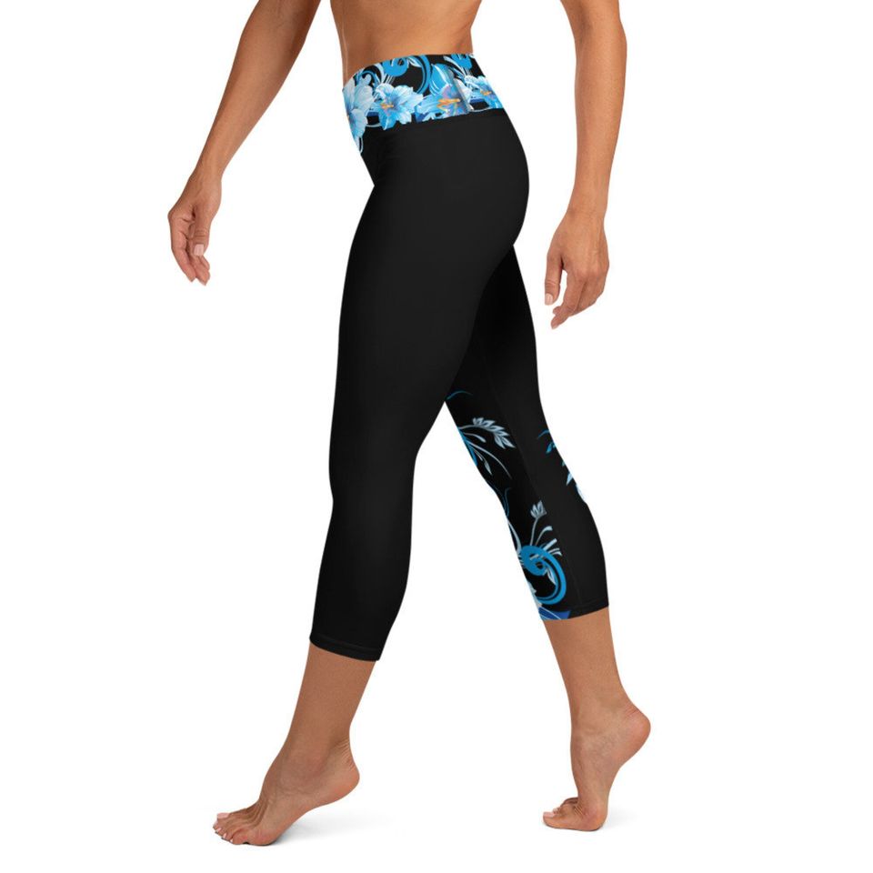 Bold Blue Flower Yoga Capri Leggings