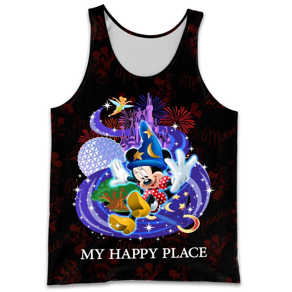 Minnie Mouse My Happy Place Black Patterns Disney Cartoon Graphic Summer Vacation Tanktop