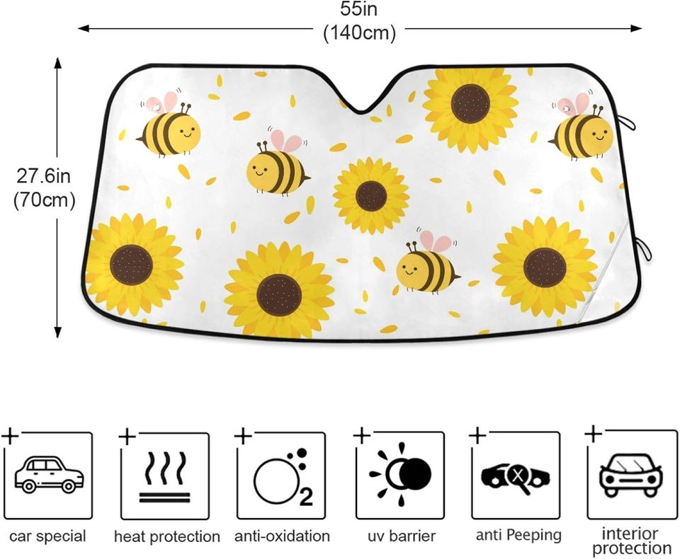 Oarencol Cute Sunflower Bee Car Windshield Sun Shade Yellow Florals Foldable