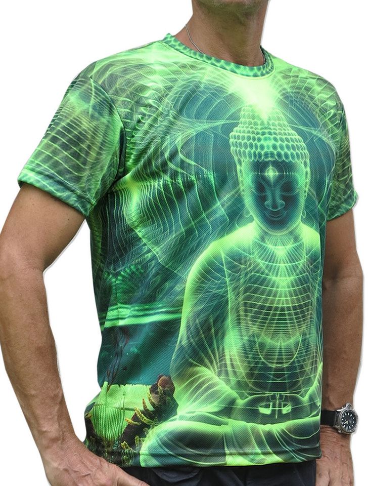 Psychedelic Lime Buddha UV active Trippy T shirt 3D