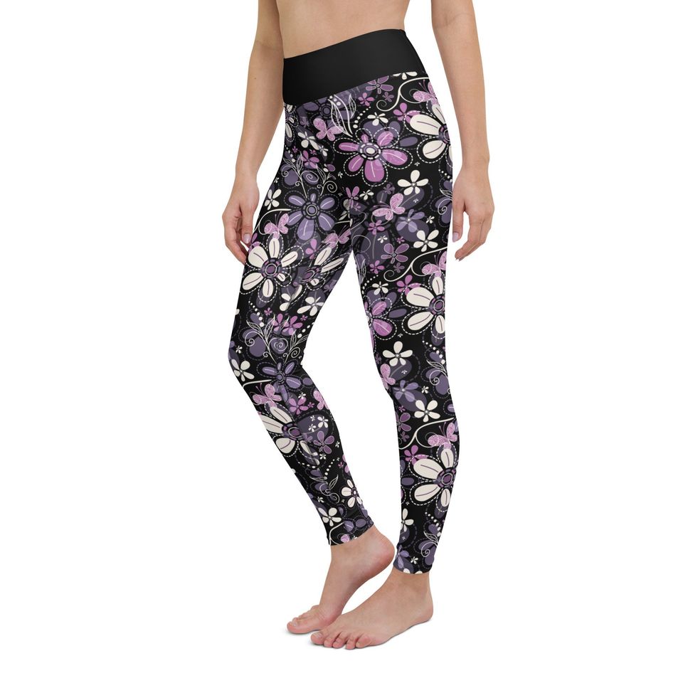 Purple Flower High Waist Leggings Womens