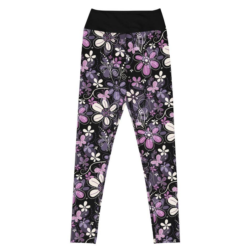Purple Flower High Waist Leggings Womens