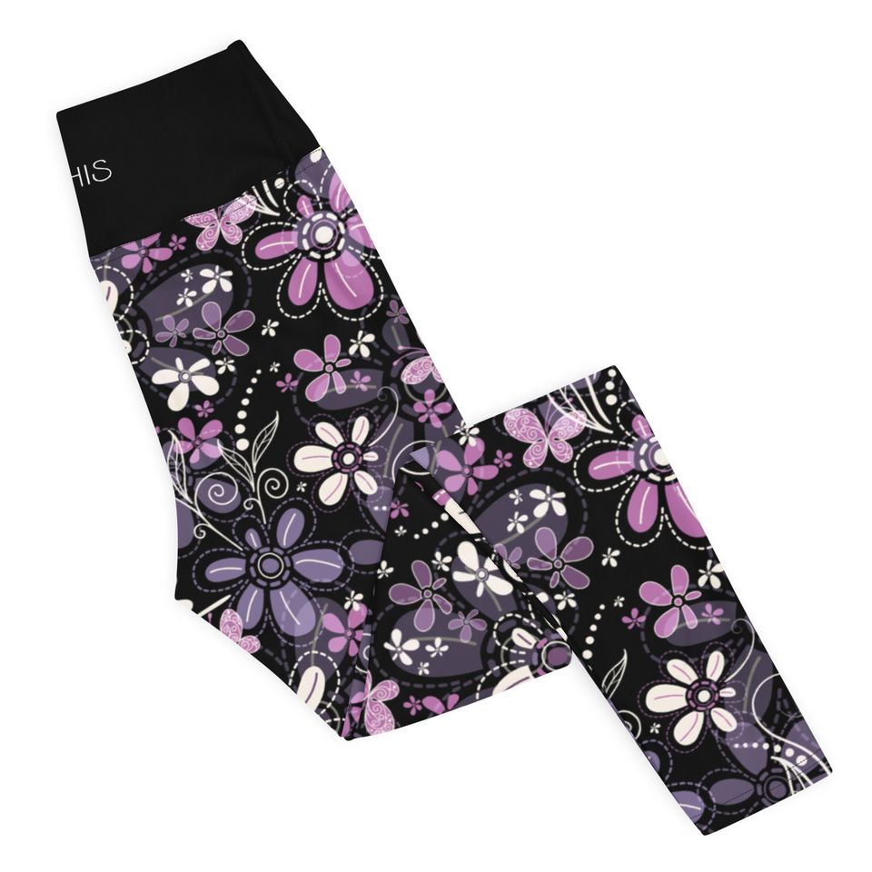 Purple Flower High Waist Leggings Womens