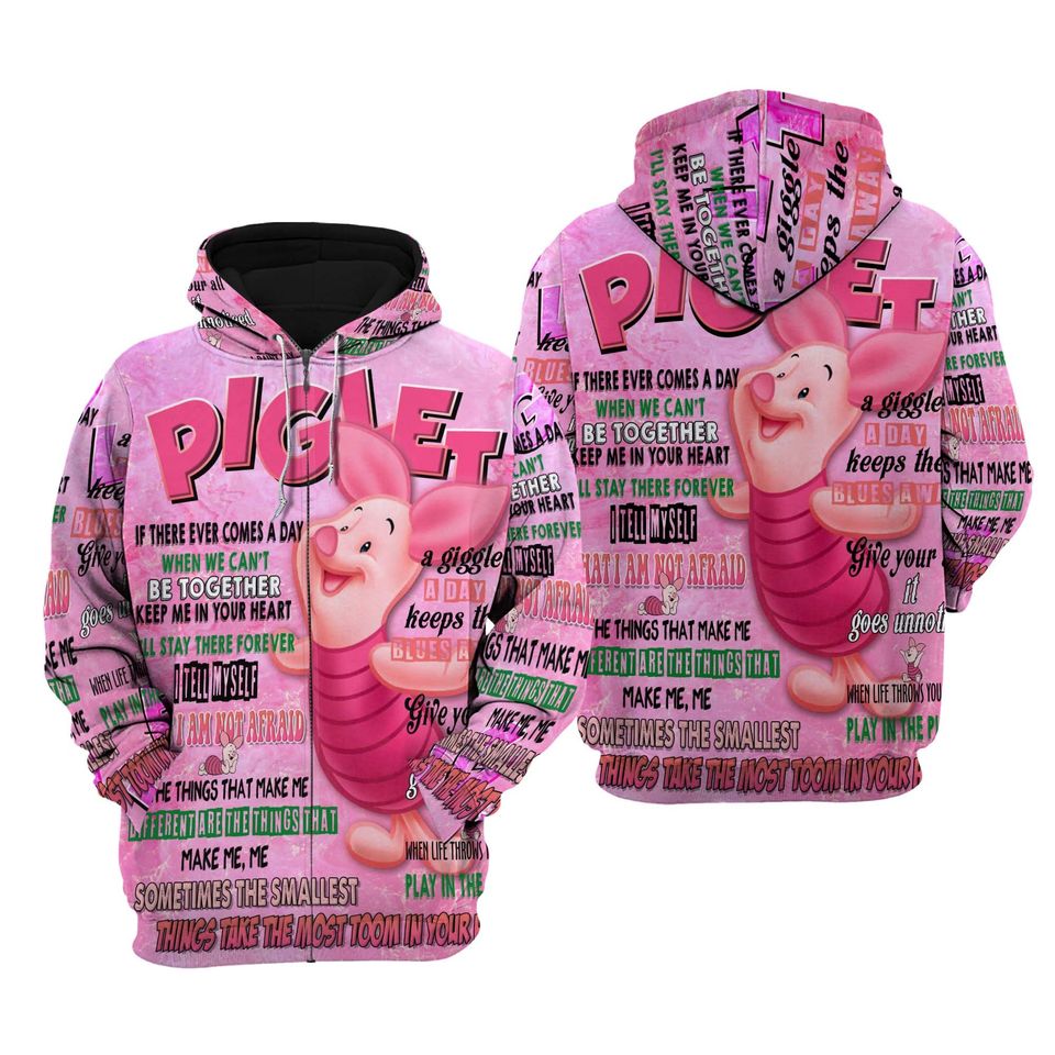 Pink Piglet Punk Words Pattern | Disney Quotes 3D Hoodie